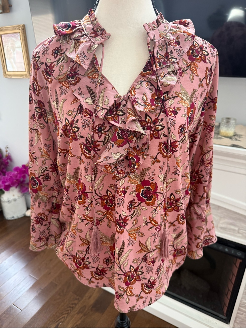 Jade Viscose Ruffled V-Neck Floral Blouse - Pink Oversized XS
